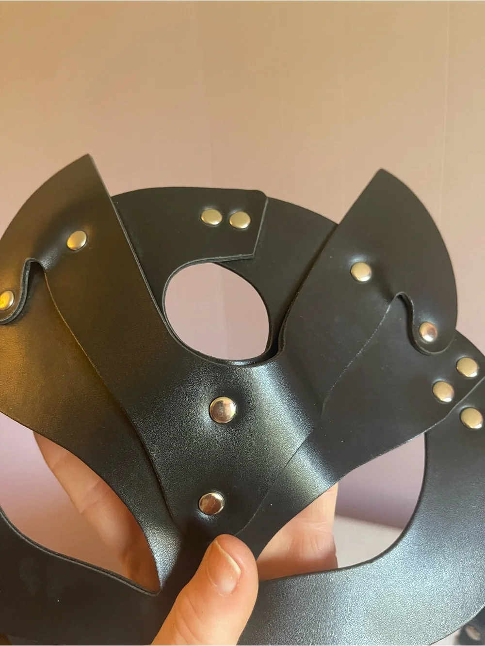 Black Faux Leather Cat-Eye Mask with Gold Stud Accents